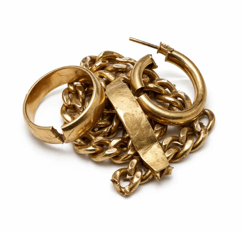 Altgold und Bruchgold: gebrochener Ring, Goldkette und Creole